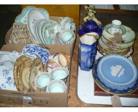 3 Boxes of decorative ceramics including Adams " Calyx Ware", Adams blue and white dinner wares, Woods Ware " Old Bow" , orie