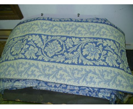 Two Pairs of blue and white lined leaf pattern curtains, 85" drop.