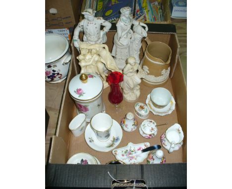 A Box of decorative ceramics including a continental rose pattern pot and cover, an early 20th century stoneware jug decorate