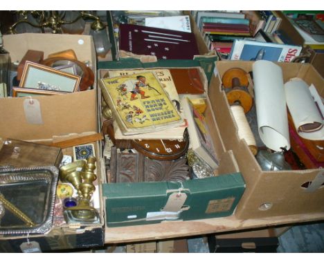 4 Boxes of sundry items , wall barometer , old tins, brass candlesticks, mantel clocks, children's annuals, wooden items, etc