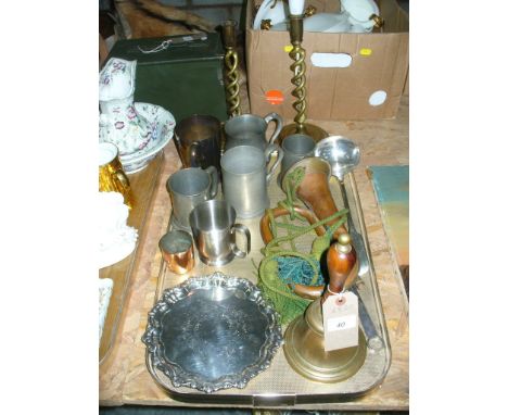 A Brass hand bell with a turned hardwood handle, a white metal skewer and ladle, pewter tankards, copper bugle, plated salver