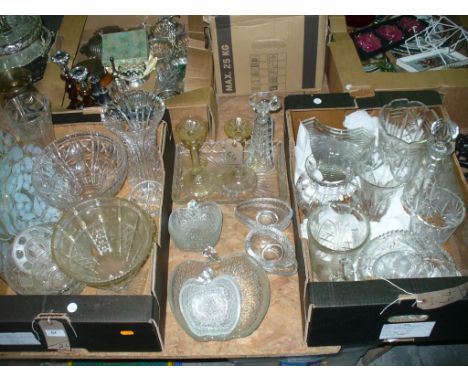 2 Trays of glass ware , various vases, water jugs, dressing table items, dessert service, bottle shaped decanter, etc.