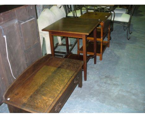 An Oak drop leaf table, an Edwardian inlaid mahogany occasional table with a shaped under shelf and an oak single drawer tabl