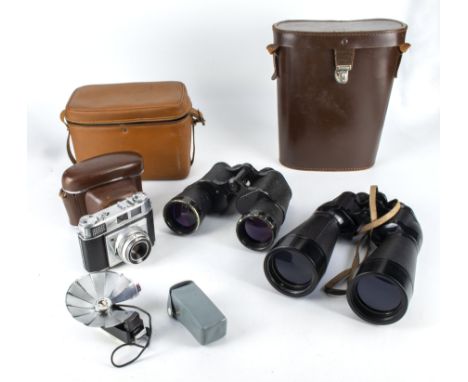 Tw pairs of binoculars, a Kodak camera, flash and case