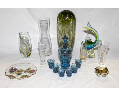 A gilt decanter and six glasses together with art glass items
