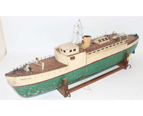 A mid 20th century wooden scratch built model of a Goodall model boat finished in green, white, and cream with stained deck, 