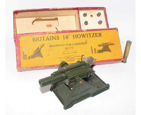 A Britains No. 2106 18" heavy howitzer mounted for garrison duty, comprising of 18" howitzer finished in dark green with six 