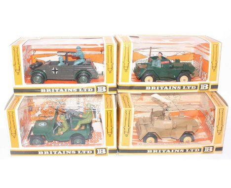 Four various boxed as issued Britains military vehicles, ex shop stock to include no. 9784 8th army scout car, no. 9786 US je