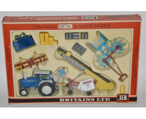 Britains No.9590 Farm Gift Set contains Ford 5000 Tractor, Multi-Level Elevator, Rotary Tedder, Cultivator and other accessor