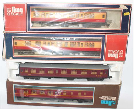 Four Lima bogie coaches:- LMS br/1st; LMS all/1st; two BR red/cream 1st/comp. Overall (VG-E) (BP)