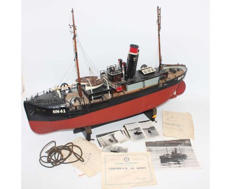 A circa 1940s scratch built model of a Witham BN41 tug comprising of red and black hull with stained decking with removable s