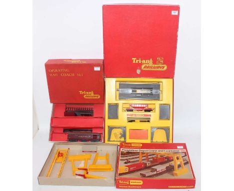 Three Triang sets:- R323 operating Royal Mail coach set plus an extra coach;  R161 operating hopper car set, R675 freightline