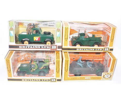 Britains Military Vehicles Group, 4 boxed examples, to include No.9786 US Jeep, No.9783 German Scoutcar, No.9781 British Scou