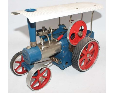 Wilesco steam tractor, blue body, white roof, red wheels, missing one front tyre, will benefit by cleaning (E)