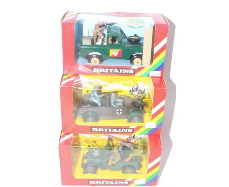 A collection of Britains rainbow boxed issued military vehicles to include no. 9786 US jeep, no. 9783 German scout car and no