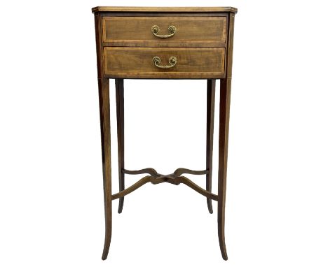 Edwardian mahogany side or lamp table, the canted rectangular top with satinwood band and boxwood stringing, fitted with two 