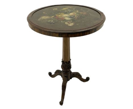 Early Victorian rosewood tripod pedestal table, circular moulded top hand painted with flowers and birds on slate, on tapered