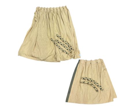Collection of pleated curtains in gold fabric with green band and highlights, three large curtains (W120cm, Fall - 200cm), ma