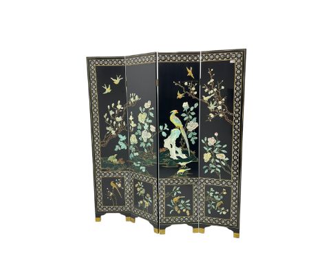 Japanese Shibayama style black lacquered four panel folding screen, naturalist scenes of trailing branch and blossom flowers,