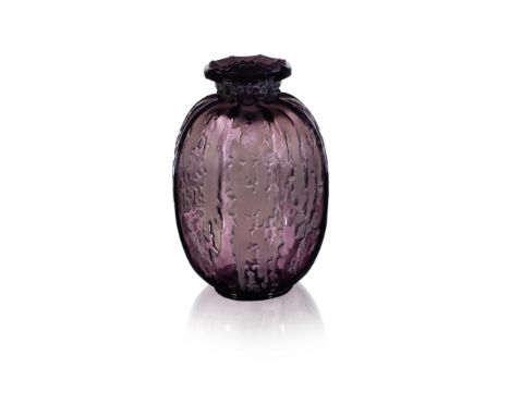 René Lalique (French, 1860-1945)A Rare Pre-War 'Fontaines, Couvert' Vase and Cover, design introduced in 1912purple glass, mo