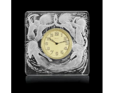 RENÉ LALIQUE (FRENCH, 1860-1945)A Pre-War 'Naïades' 8 Day Desk Clock, design introduced in 1926clear glass, press-moulded, fr