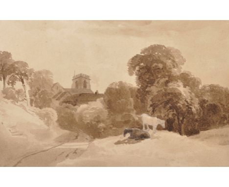 Peter de Wint (1784-1849) British. A Sketch of Horses in a Landscape with a Church beyond, Watercolour and Pencil, Unframed, 