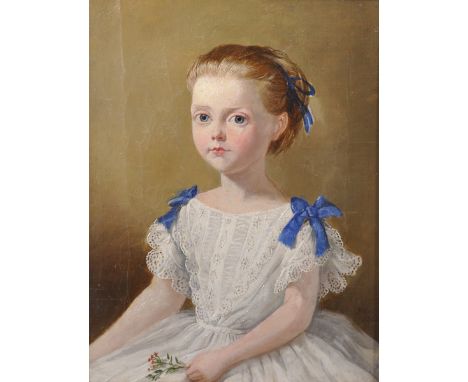 Henry Park (19th Century) British. "Portrait of a Young Girl dressed in a white Dress with blue Ribbons, holding a spray of F