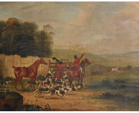Circle of Dean Wolstenholme (1757-1837) British. A Hunting Scene, with Horses and Dogs, Oil on Canvas, 20" x 24".