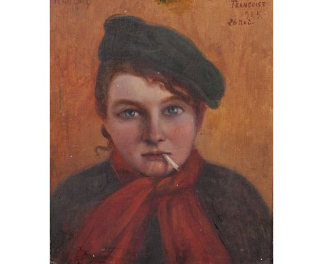 20th Century French School. "Francoise", Portrait of a Girl wearing a Beret and Smoking, Oil on Board, Indistinctly Signed, a