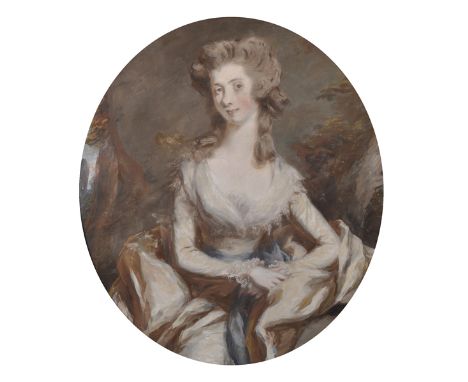 Attributed to John Russell (1745-1806) British. Portrait of a Lady, in a Brown and White Dress with a Blue Sash, Pastel, Oval