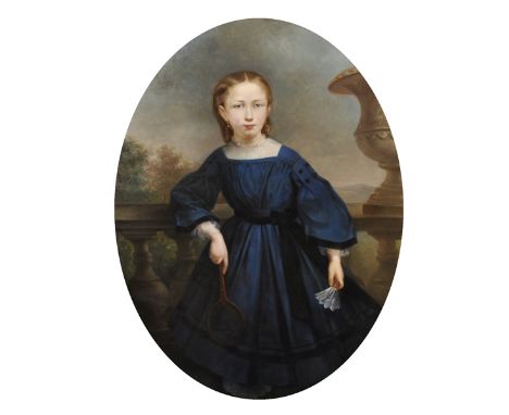 Anna Pinel (c.1830-c.1890) European. Portrait of a Young Girl, Holding a Racket and Shuttlecock, Standing on a Terrace, Oil o