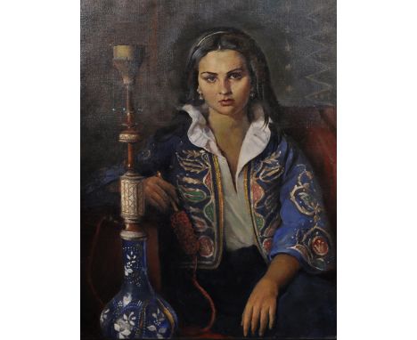 Max Leon Moreau (1902-1992) Belgian. Portrait of an Eastern Beauty, with a Hooker Pipe, Oil on Canvas, 32" x 23.75".