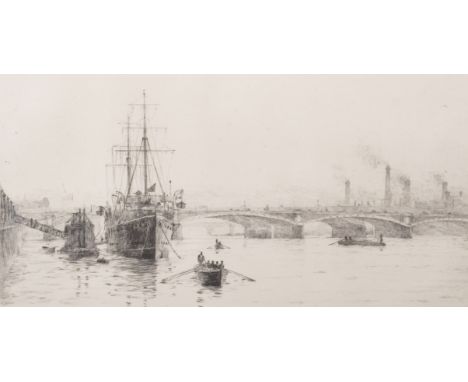 Rowland Langmaid (1897-1956) British. "Hay's Wharf Looking Towards London Bridge", Etching, Signed in Pencil, 5" x 10".