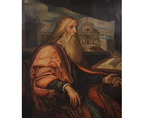 After Francesco Salviati (1510-1562) Italian. Portrait of Giovanni Rucellai (1403-1481), seated with the Fa ade of Santa Mari