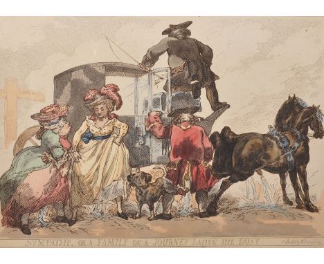 After Thomas Rowlandson (1756-1827) British. "Sympathy, or a Family on a Journey, Laying the Dust", Etching, 9.25" x 13.5".