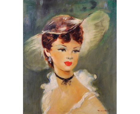 Jean Gabriel Domergue (1889-1962) French. "Reverberi", Portrait of a Lady of the Night, wearing a White Dress and Hat with a 