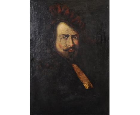 Manner of Rembrandt van Rijn (1606-1669) Dutch. Bust Portrait of a Man with a Moustache, Wearing a Red Beret, Oil on Canvas, 