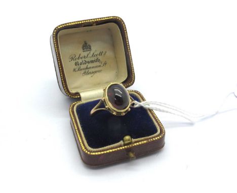 A Victorian Garnet Single Stone Ring, oval cabochon collet set, between bifurcated shoulders (closed back setting) (finger si