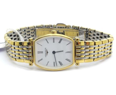 Longines; A La Grande Classique Bi-Colour Ladies Wristwatch, L4 205 2, the signed white dial with black Roman numerals, the c