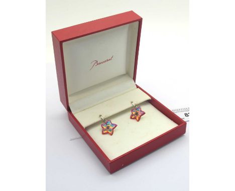 Baccarat; A Pair of Modern Irridescent Orange Crystal Flowerhead Earrings, on hook fittings stamped "925", in original box.Th