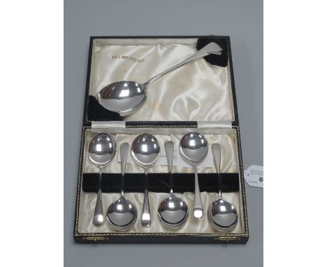 A Set of Six Hallmarked Silver Dessert Spoons, JS, Birmingham 1936, complete with matching hallmarked silver serving spoon (2