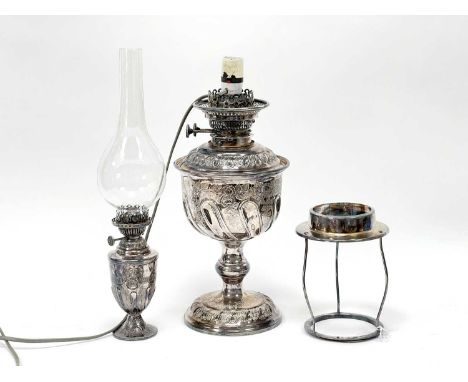 A Walker &amp; Hall Plated Oil Lamp, (converted to electricity - electrically untested) allover foliate and gadroon decoratio