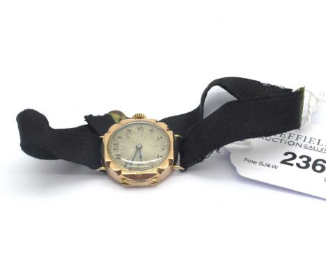 A Vintage 9ct Gold Cased Ladies Wristwatch, within shaped case, import marks for London 1924, on black ribbon strap.