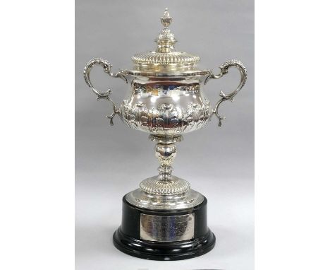 A Large Edwardian Hallmarked Silver Twin Handled Lidded Trophy Cup, Johnson, Walker & Tolhurst Ltd, London 1907, leaf decorat