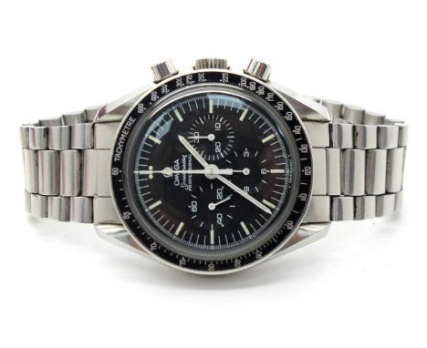 Omega; A 1980's Speedmaster Professional Gent's Wristwatch, the signed black dial with centre seconds and three subsidiary di