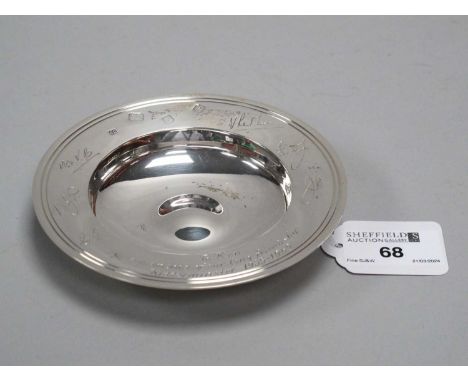 A Hallmarked Silver 'Armada' Dish, RC, London 1968, of plain circular form bearing feature hallmarks and presentation inscrip