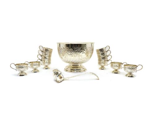 H. Parkin & Co silver plated punch bowl, 30.5cm diameter, together with ladle, and twelve cups Condition report: In very good
