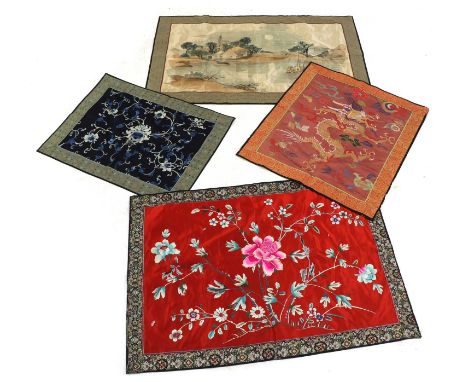A collection of four embroidered textiles, 19th - 20th century, to include three Chinese examples, comprising one with scroll