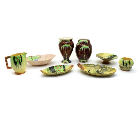 Two Carltonware lustre vases, pattern number 3455, one restored, 19 and 20cm high, and four further Carltonware dishes, a jug