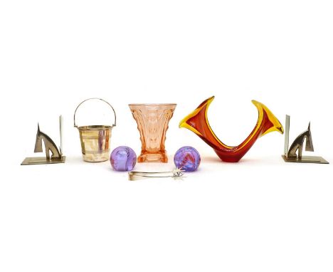 A pair of silver-plated Scottie dog bookends, three Caithness paperweights, another, a clear glass atomisers and a pot and co